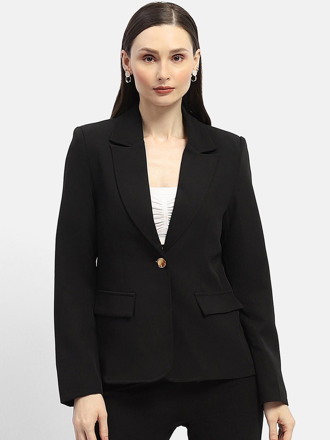 

Madame Women Notched Lapel Single-Breasted Blazer, Black