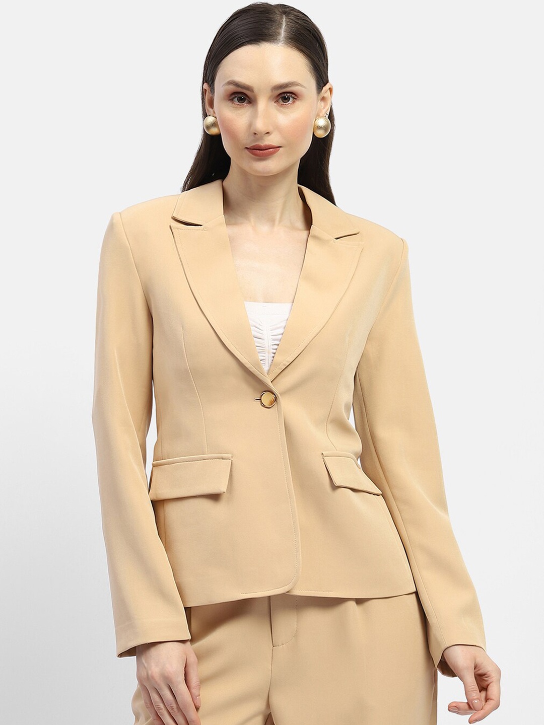 

Madame Women Notched Lapel Collar Single-Breasted Blazer, Beige