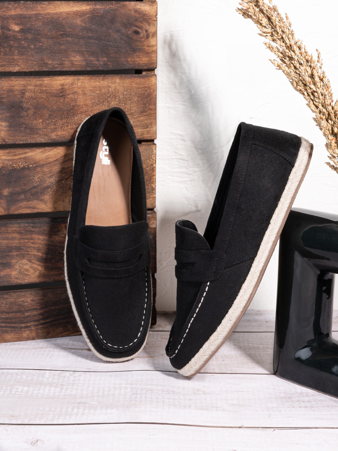 

Styli Men Faux Suede Contrast Sole Loafer Espadrilles, Black