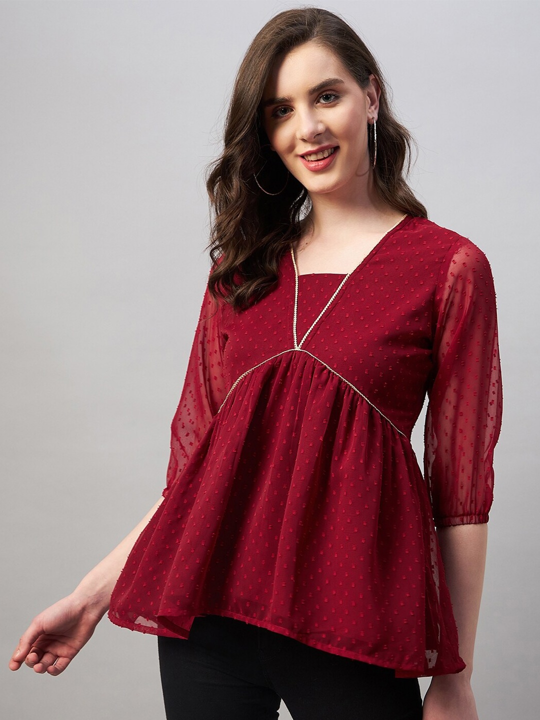 

Azira Self Design Puff Sleeve Georgette Empire Top, Red