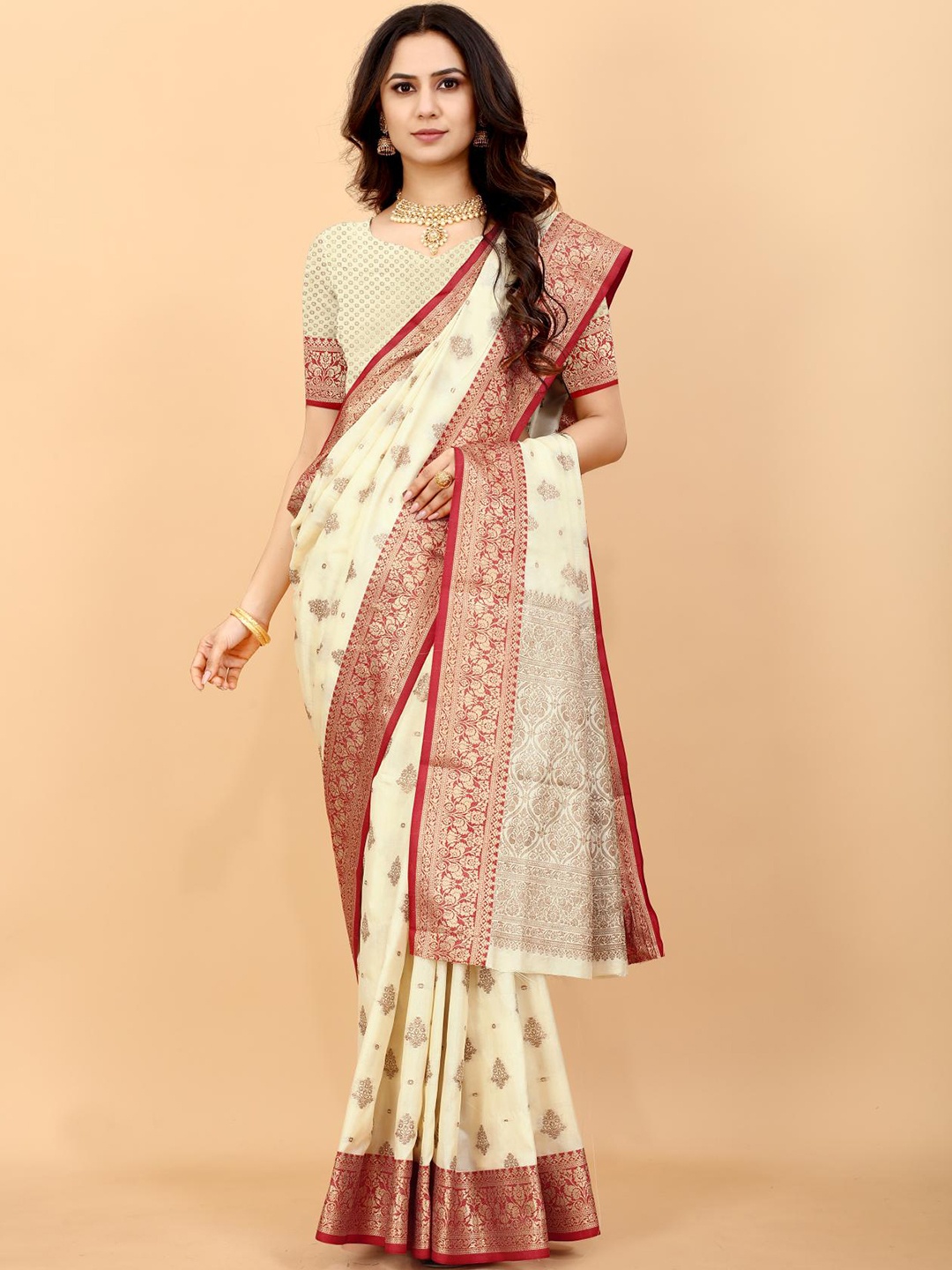 

PATIALAPICKS Ethnic Motifs Woven Design Zari Pure Silk Paithani Saree, White