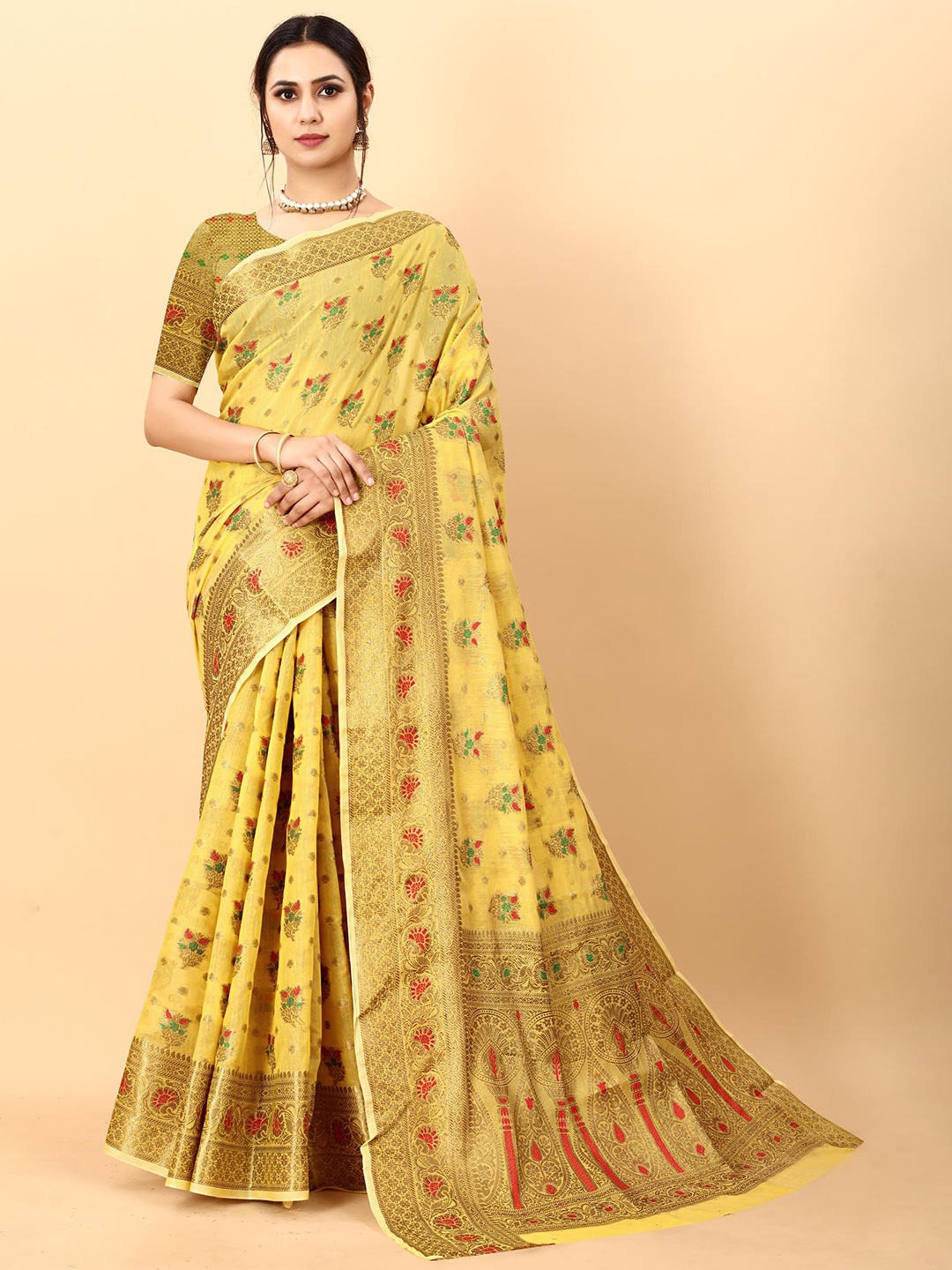 

PATIALAPICKS Ethnic Motifs Woven Design Zari Pure Cotton Paithani Saree, Yellow