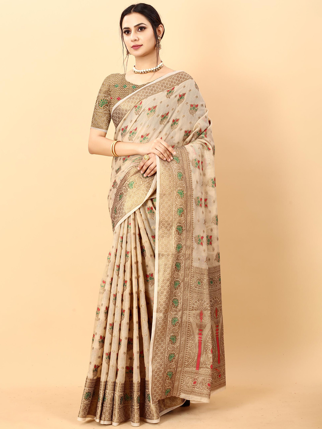 

PATIALAPICKS Floral Woven Design Zari Pure Cotton Paithani Saree, Gold