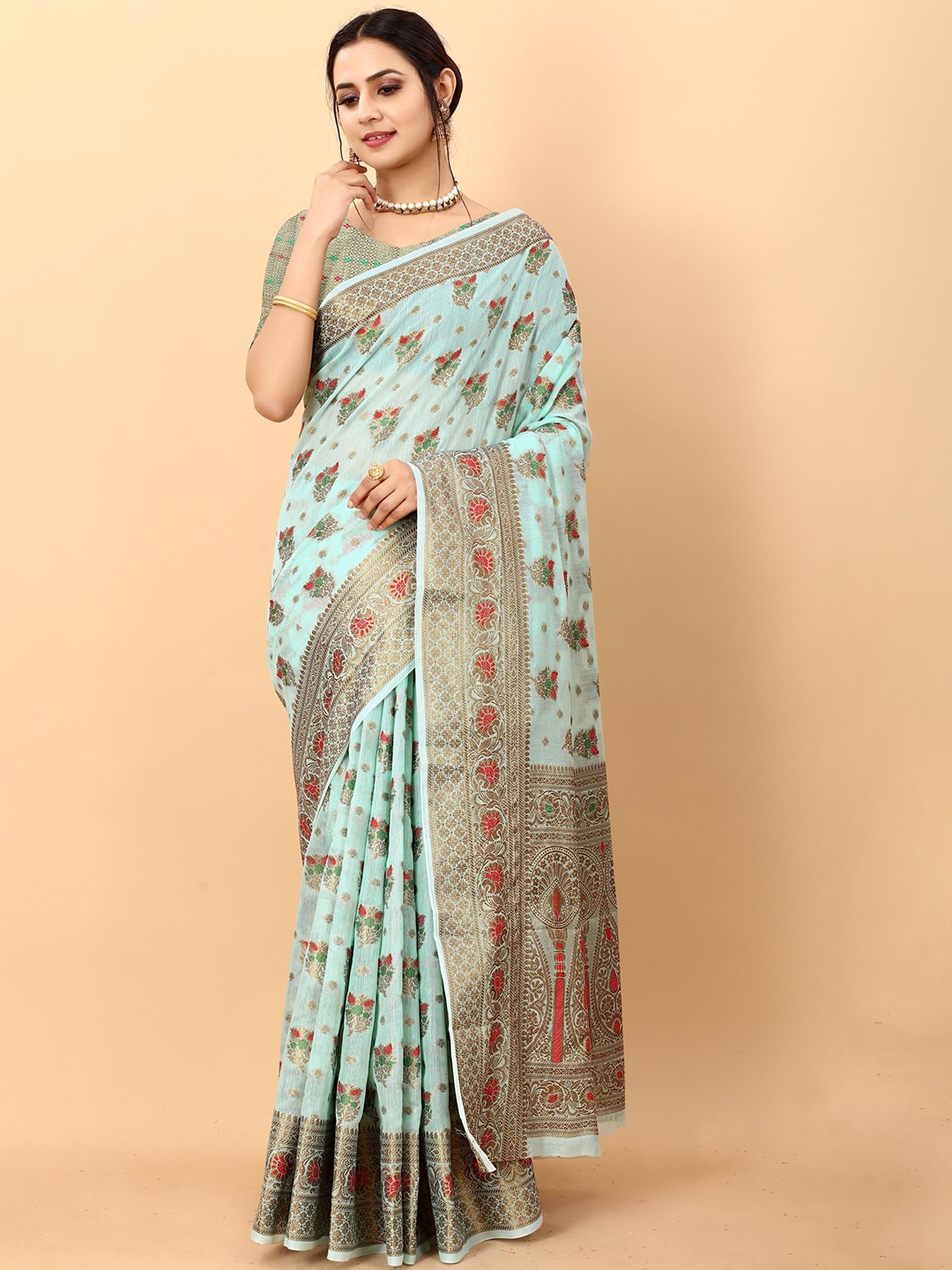 

PATIALAPICKS Floral Woven Design Zari Pure Cotton Paithani Saree, Blue