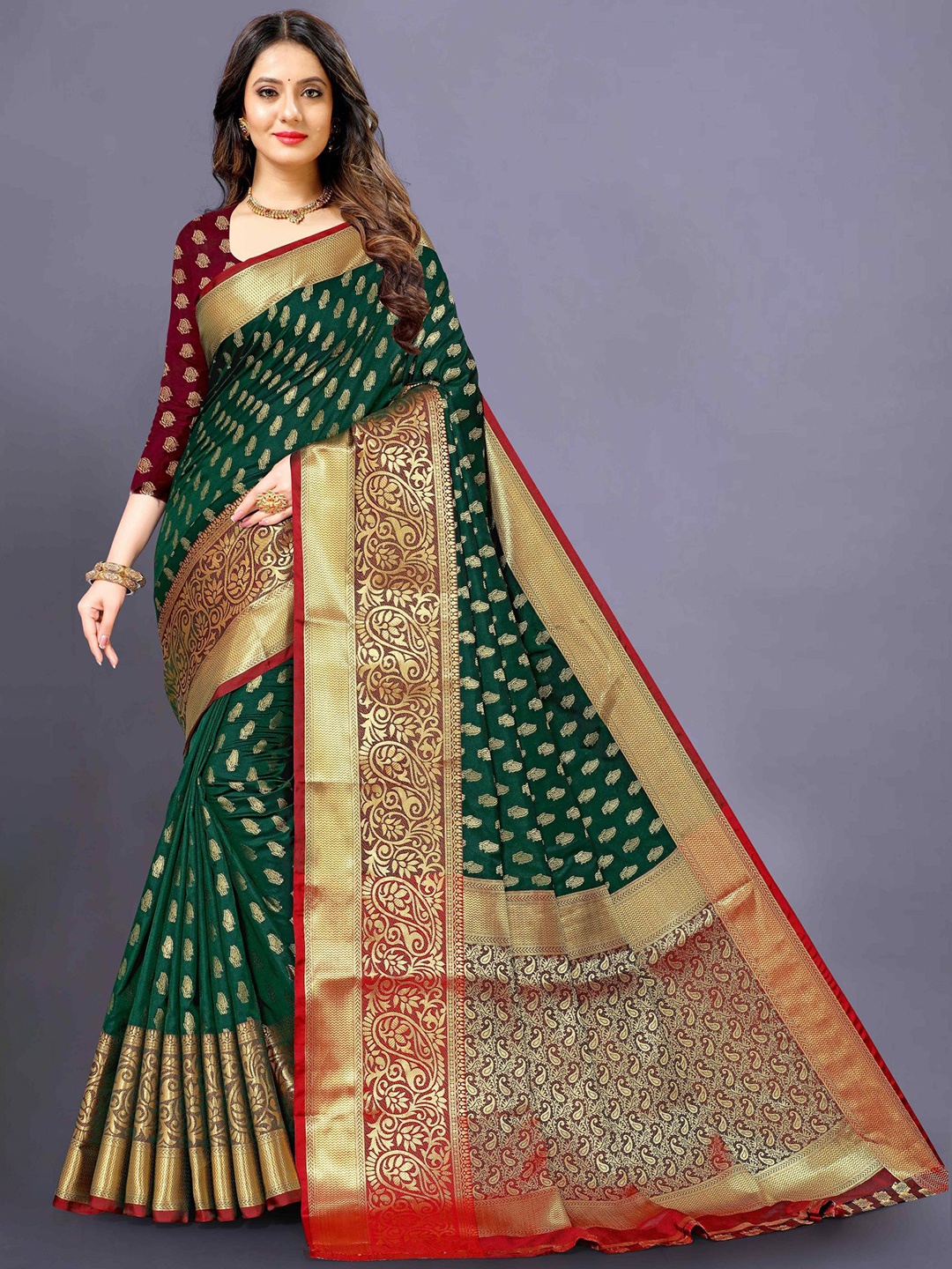 

PATIALAPICKS Ethnic Motifs Woven Design Zari Pure Silk Paithani Saree, Green