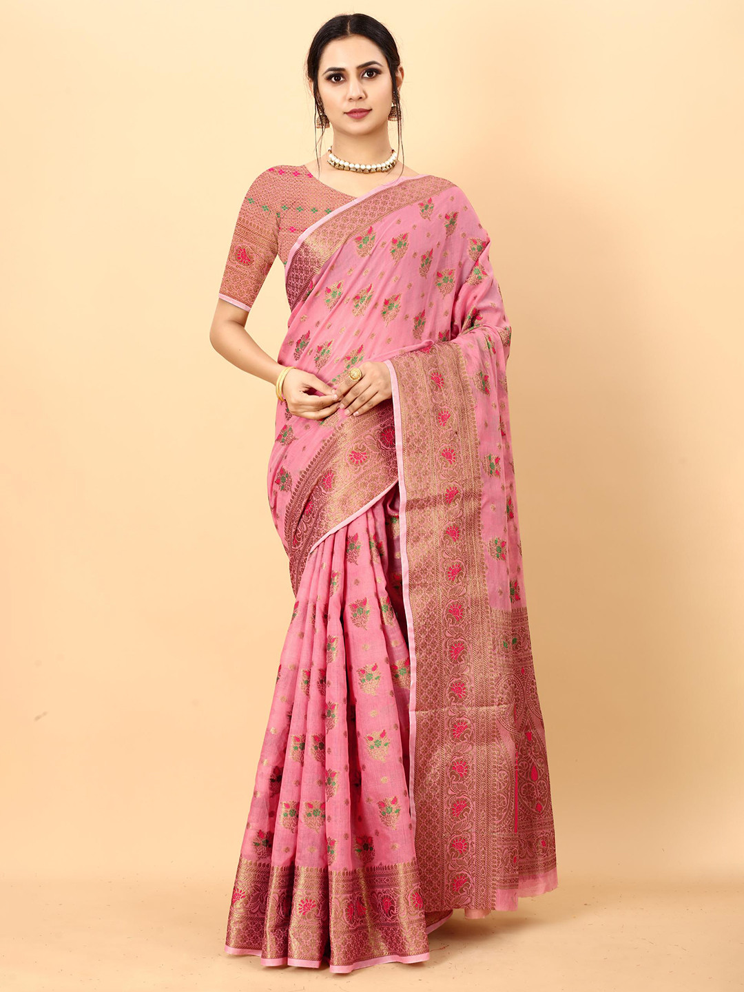 

PATIALAPICKS Woven Design Zari Pure Cotton Heavy Work Paithani Saree, Pink