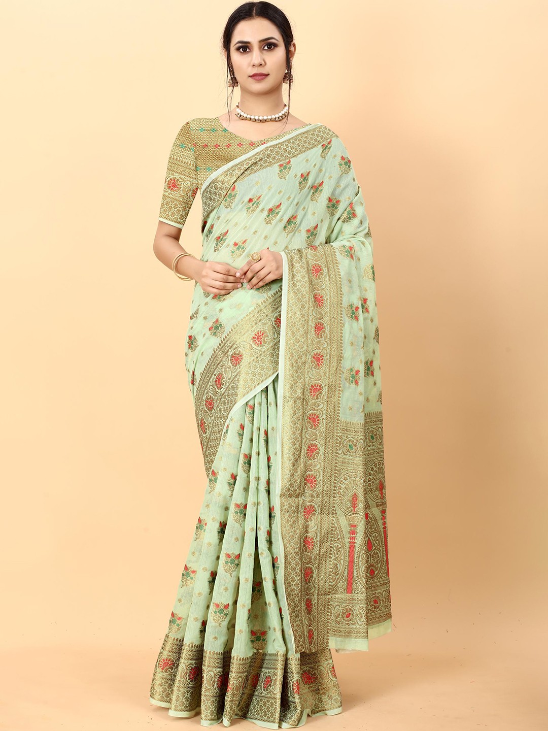 

PATIALAPICKS Woven Design Zari Pure Cotton Heavy Work Paithani Saree, Green