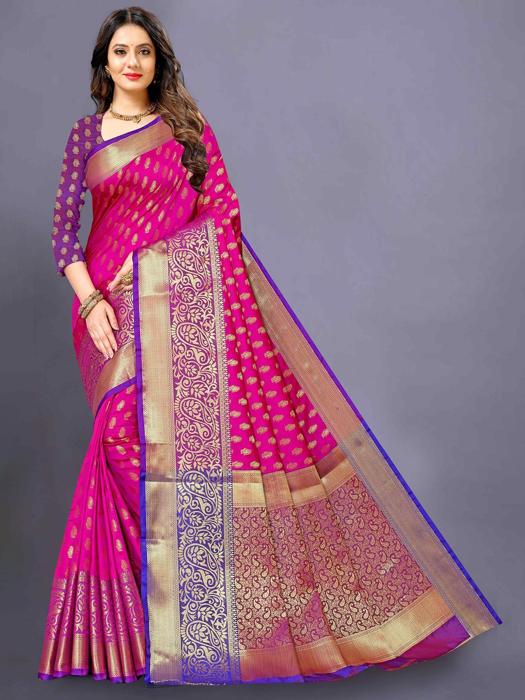 

PATIALAPICKS Woven Design Zari Pure Silk Heavy Work Paithani Saree, Fuchsia