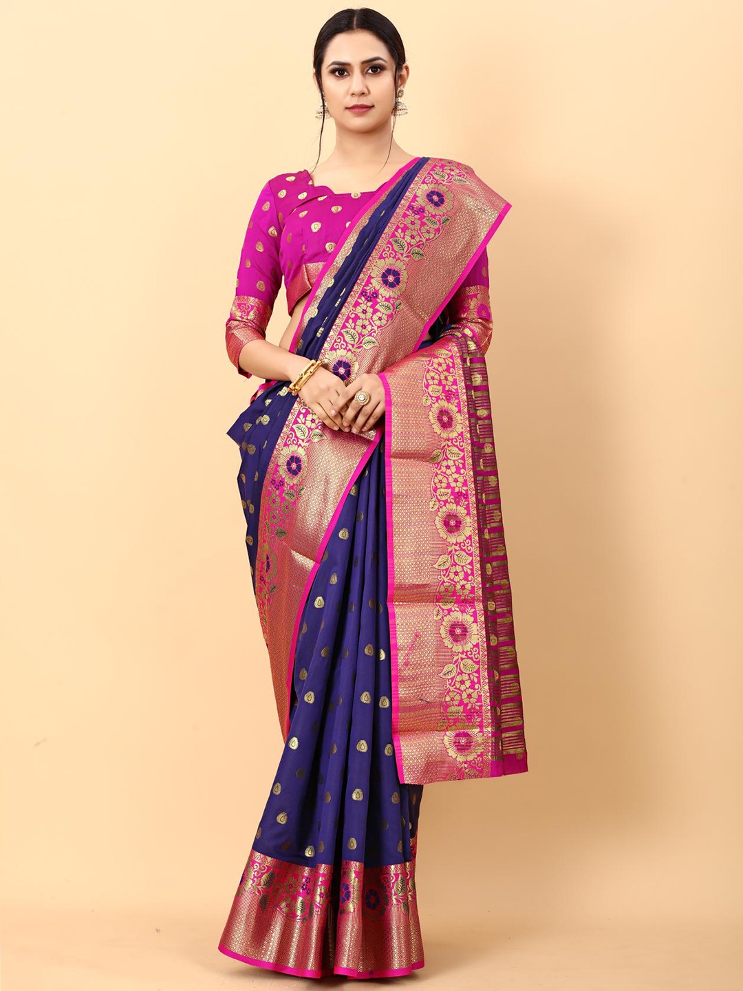 

PATIALAPICKS Ethnic Motifs Woven Design Zari Pure Silk Paithani Saree, Blue