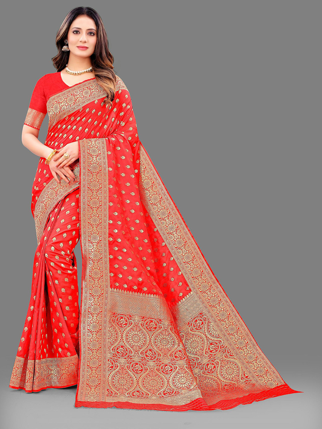 

PATIALAPICKS Ethnic Motifs Woven Design Zari Pure Silk Paithani Saree, Red