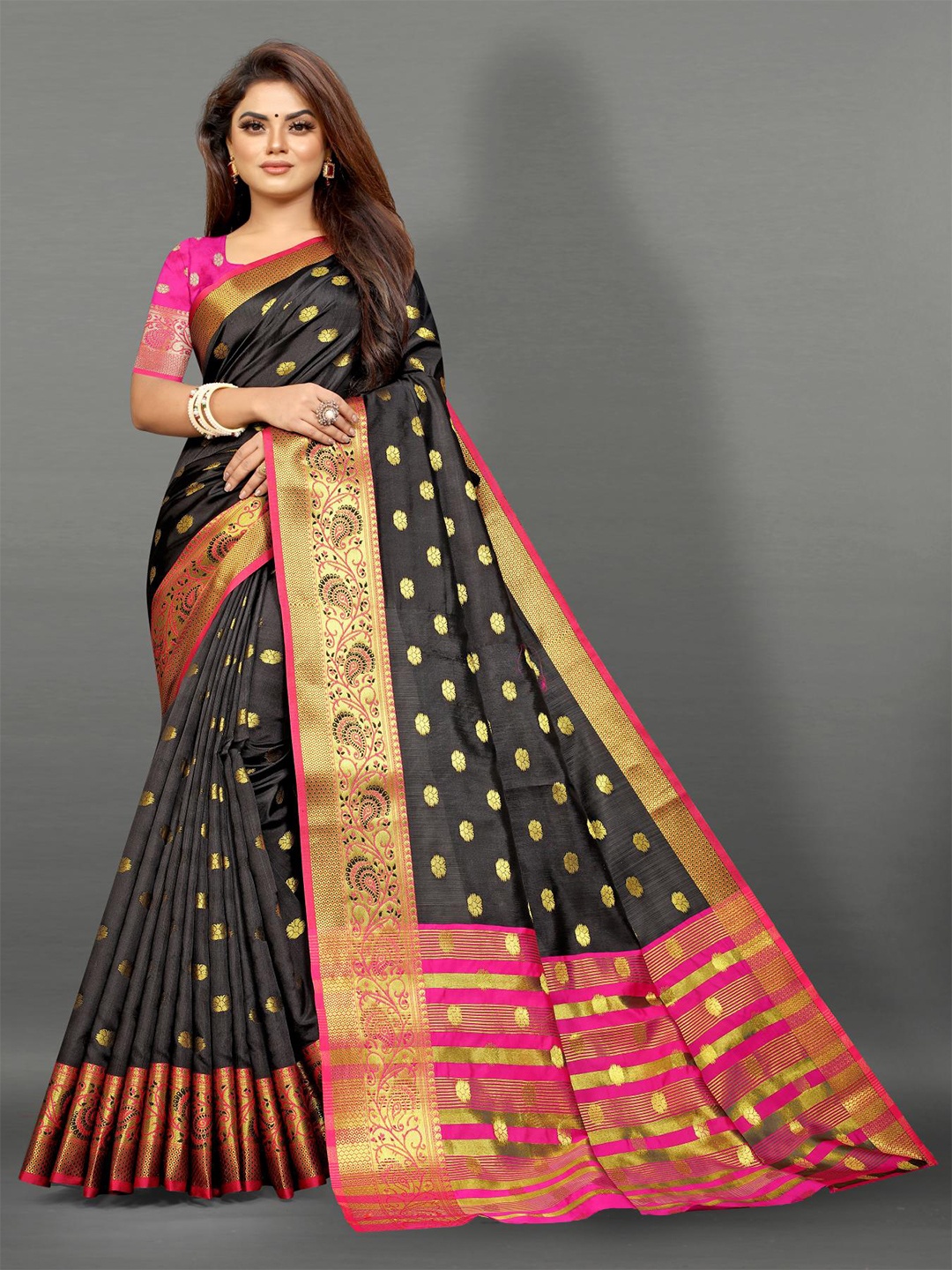 

PATIALAPICKS Woven Design Zari Pure Silk Heavy Work Paithani Saree, Black