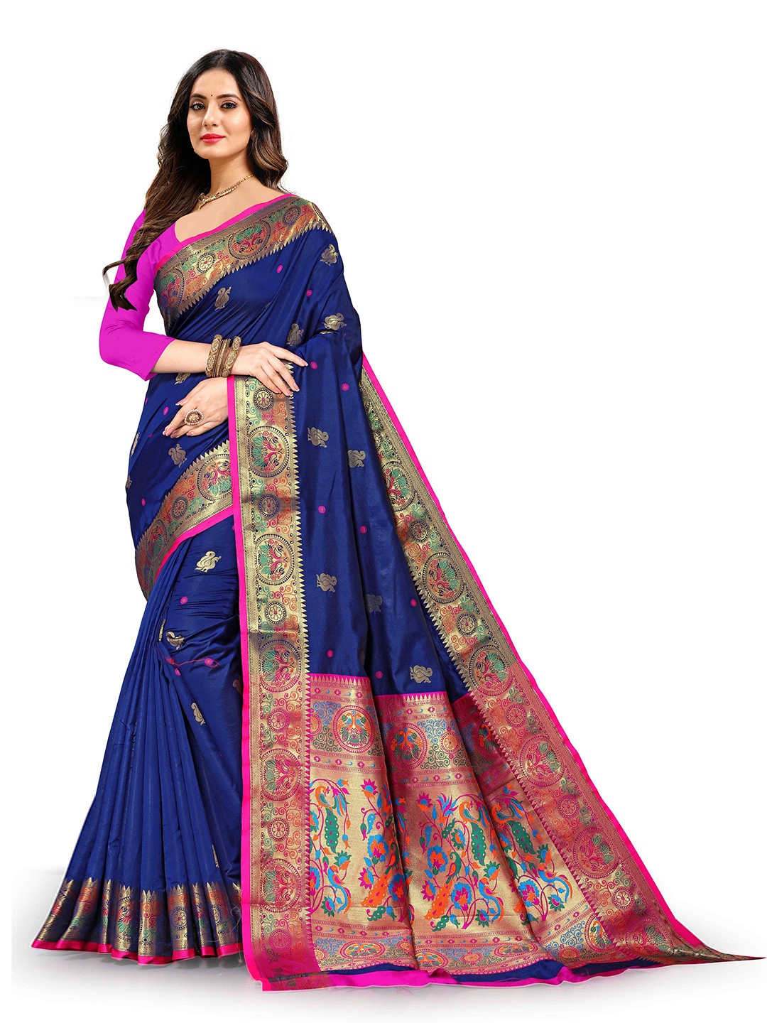 

PATIALAPICKS Ethnic Motifs Woven Design Zari Pure Silk Paithani Saree, Navy blue