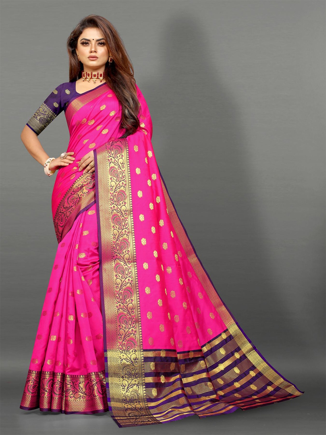 

PATIALAPICKS Ethnic Motifs Woven Design Zari Pure Silk Paithani Saree, Pink