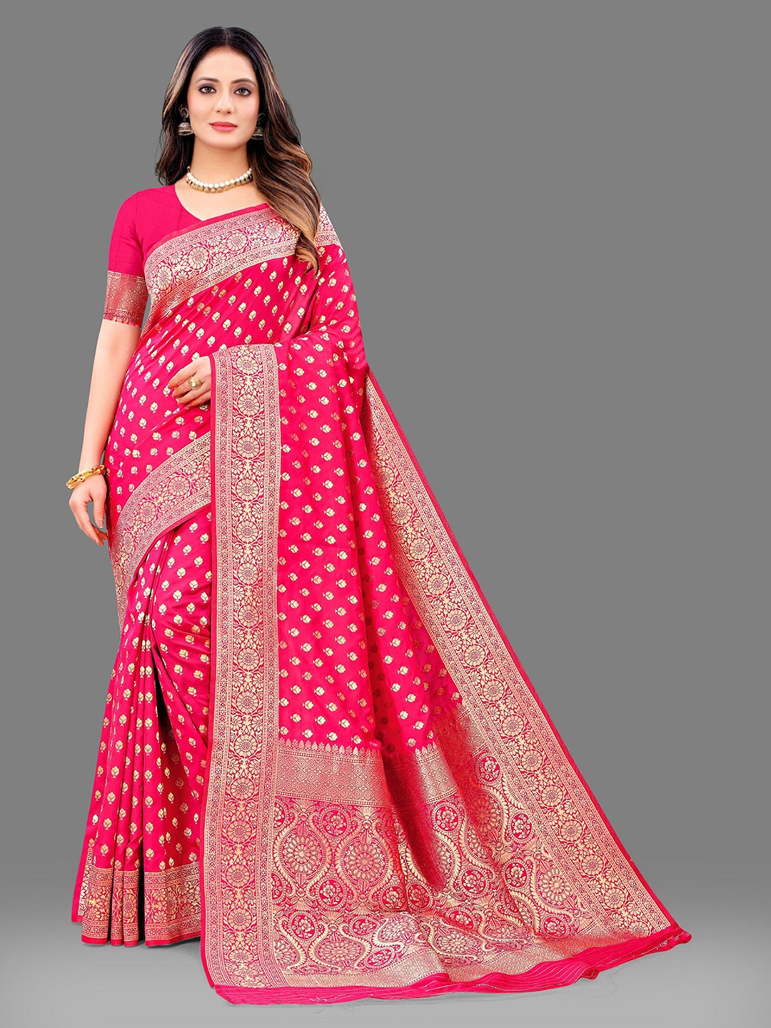 

PATIALAPICKS Ethnic Motifs Woven Design Zari Pure Silk Paithani Saree, Pink