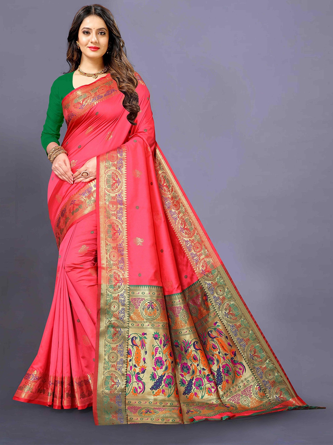 

PATIALAPICKS Ethnic Motifs Woven Design Zari Pure Silk Paithani Saree, Pink