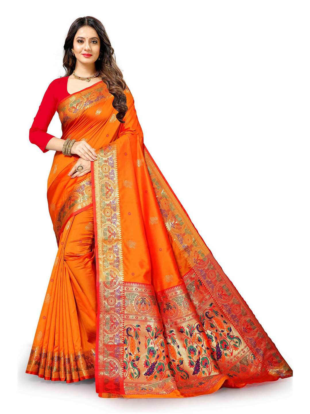 

PATIALAPICKS Woven Design Zari Pure Silk Paithani Saree, Orange