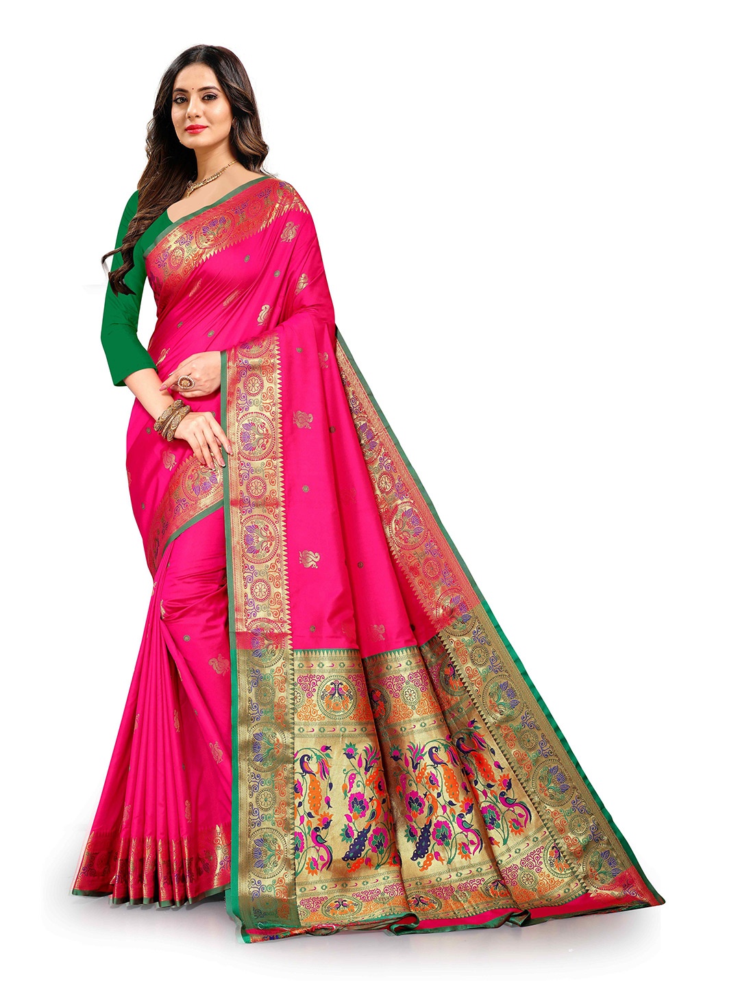 

PATIALAPICKS Woven Design Zari Pure Silk Heavy Work Paithani Saree, Fuchsia