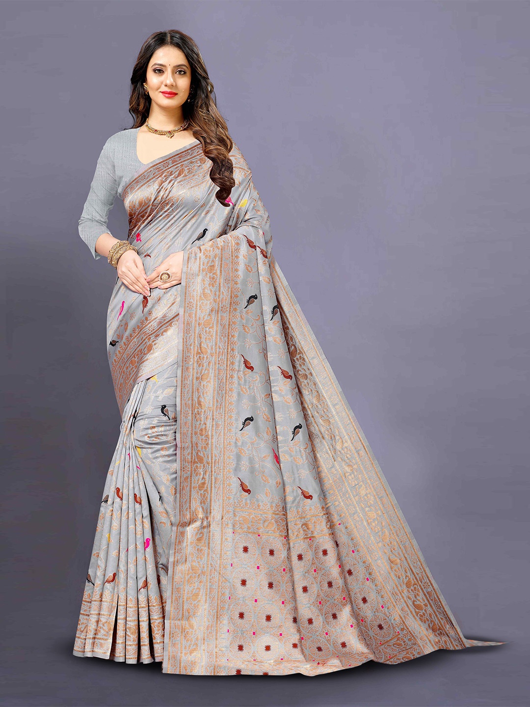

PATIALAPICKS Woven Design Zari Pure Silk Heavy Work Paithani Saree, Grey