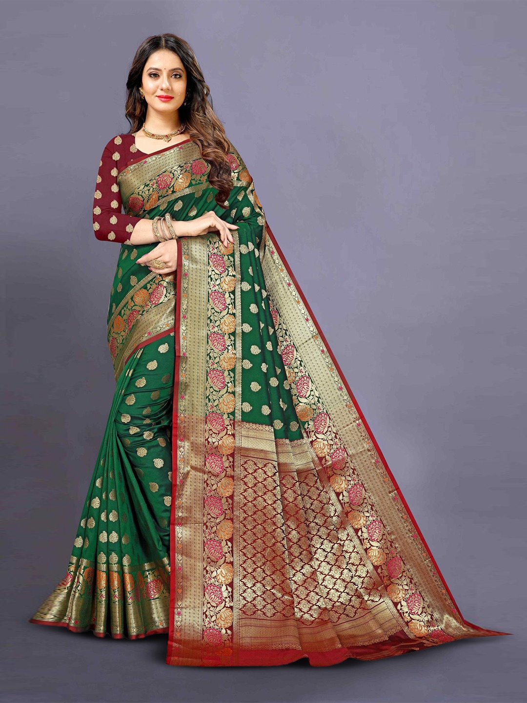 

PATIALAPICKS Woven Design Zari Pure Silk Heavy Work Paithani Saree, Green