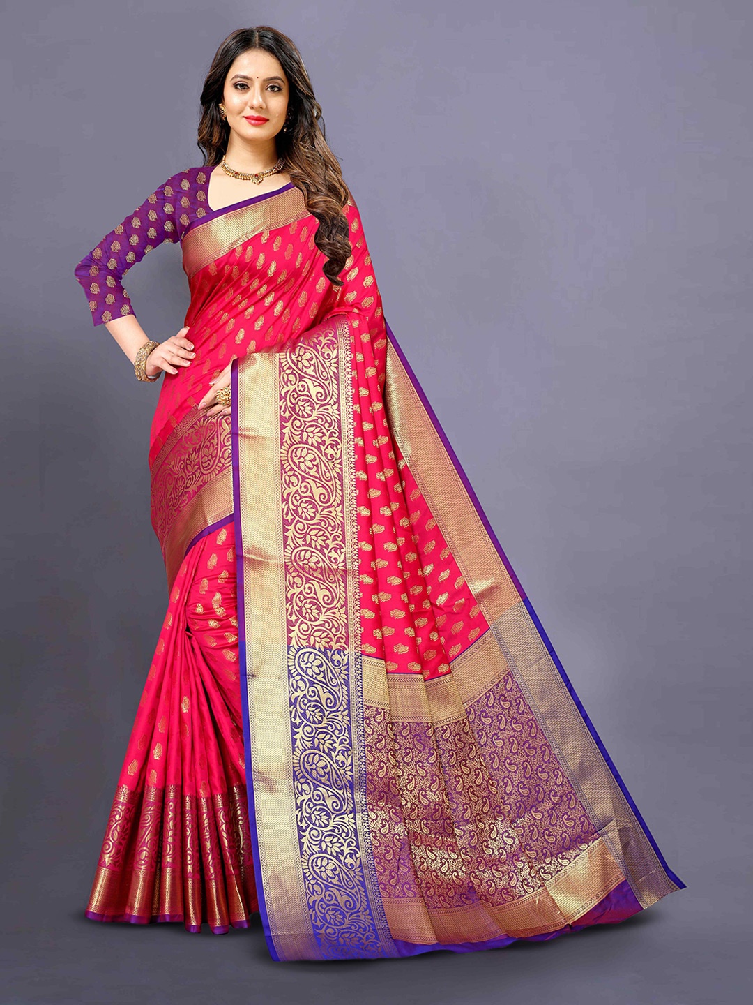 

PATIALAPICKS Ethnic Motifs Woven Design Zari Pure Silk Paithani Saree, Pink