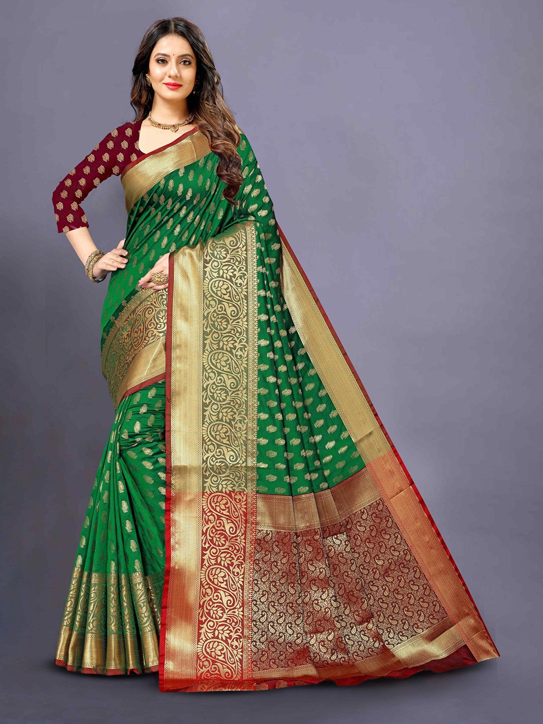 

PATIALAPICKS Woven Design Zari Pure Silk Heavy Work Paithani Saree, Green