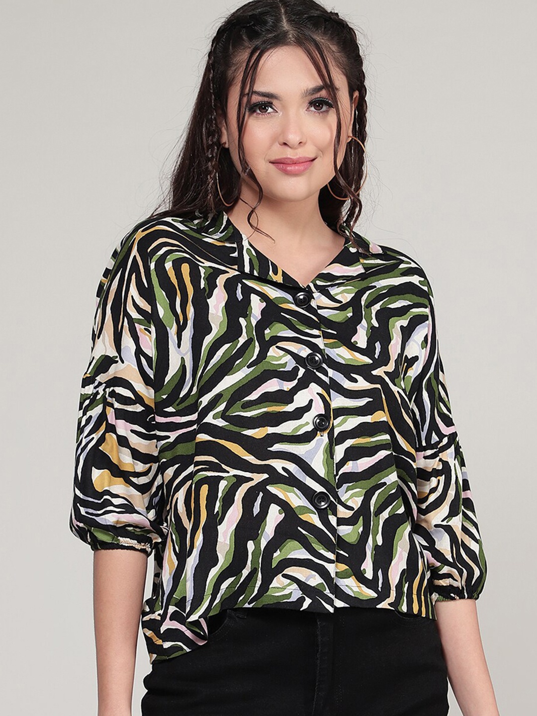 

DressBerry Animal Printed Shirt Style Top, Black