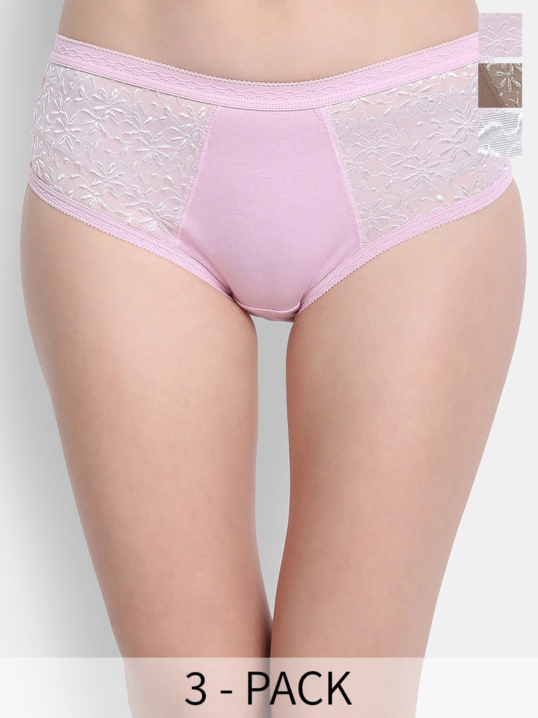 

VStar Pack Of 3 High Rise Lace Trim Pattern Cotton Hipster Briefs, Pink