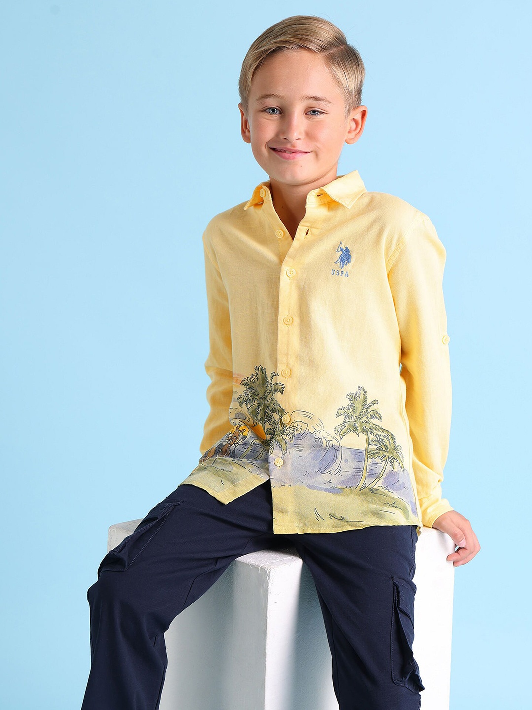 

U.S. Polo Assn. Kids Boys Classic Printed Spread Collar Regular Fit Casual Shirt, Yellow