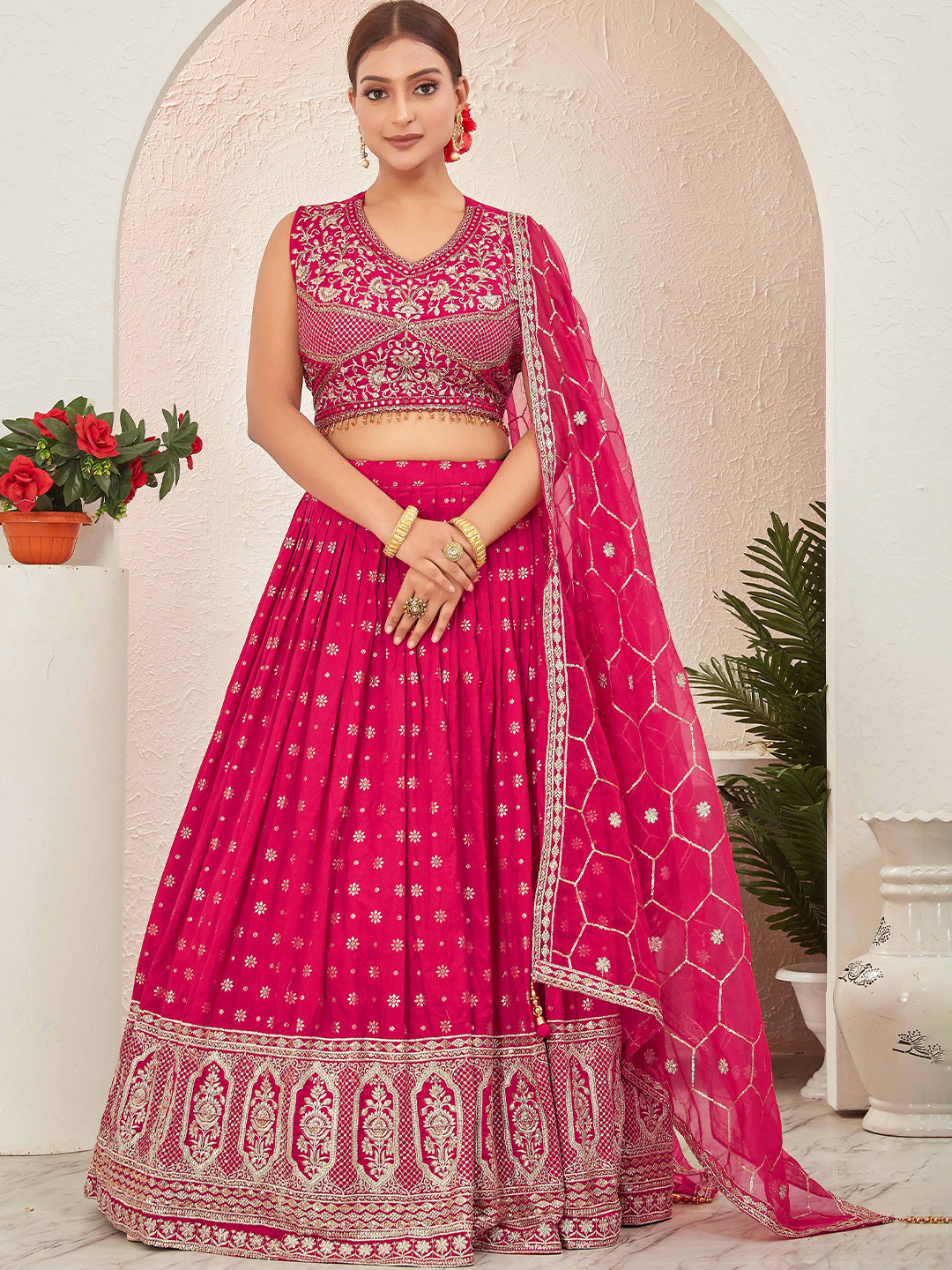 

CHANSI Embroidered Sleeveless Ready to Wear Lehenga & Blouse With Dupatta, Pink