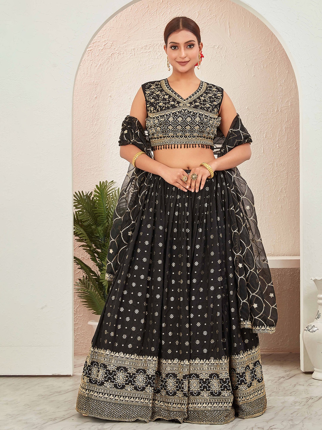 

CHANSI Embroidered Ready To Wear Lehenga & Blouse With Dupatta, Black