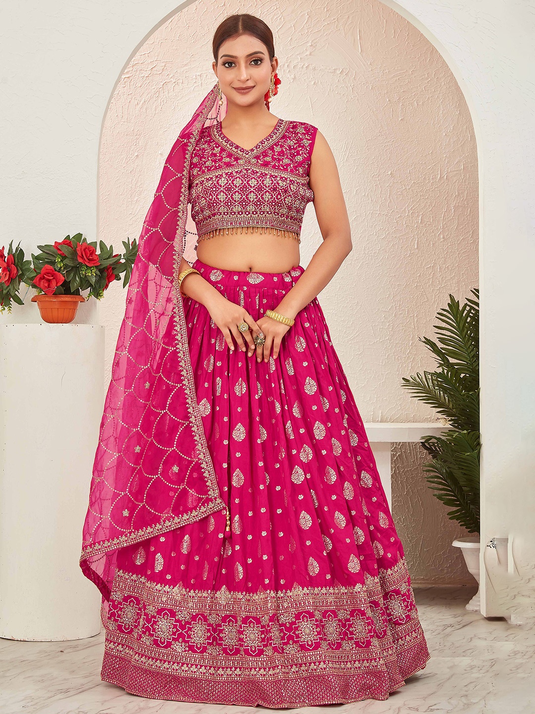 

CHANSI Embroidered Sleeveless Ready to Wear Lehenga & Blouse With Dupatta, Pink
