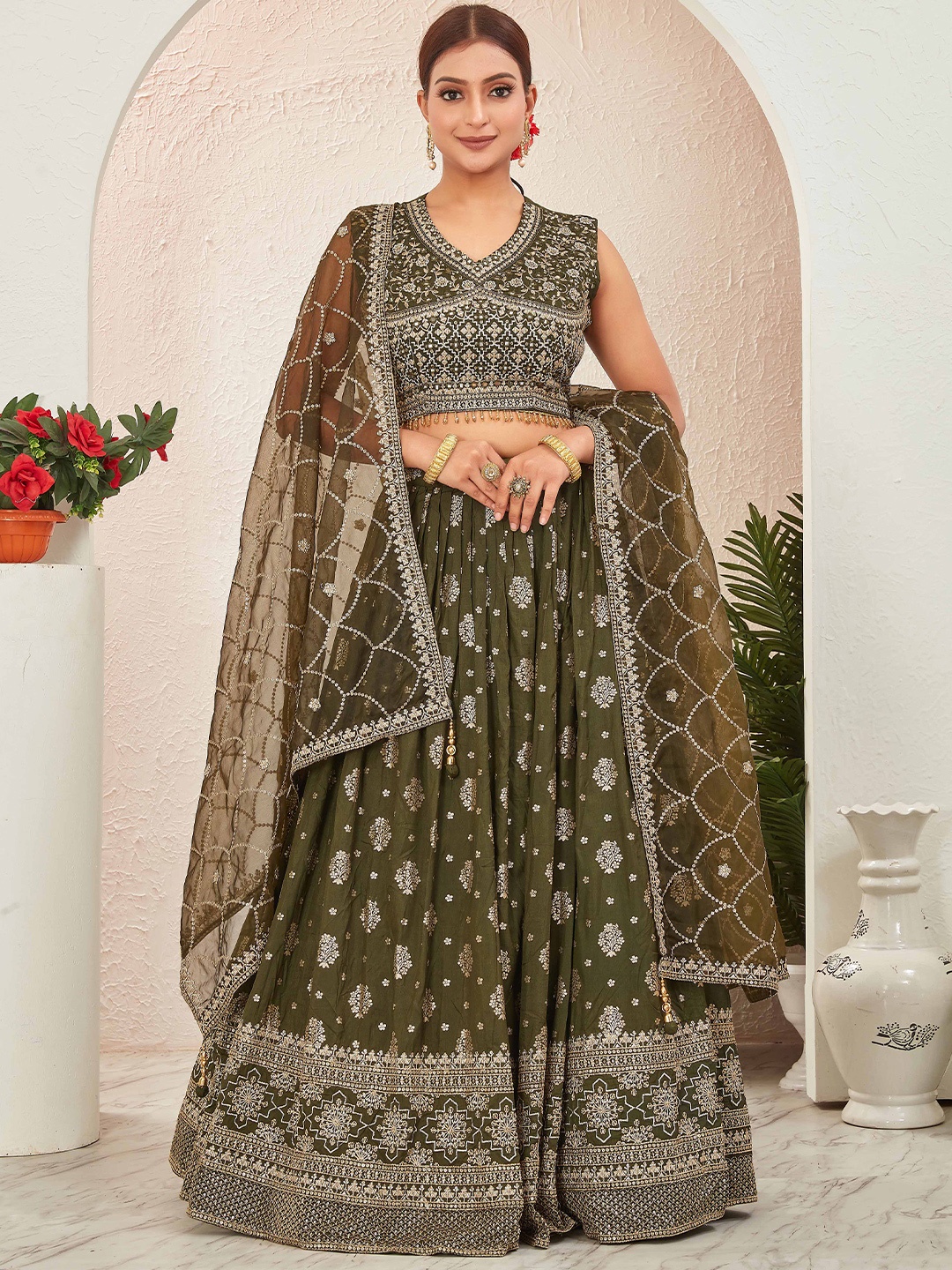 

CHANSI Embroidered Ready To Wear Lehenga & Blouse With Dupatta, Green