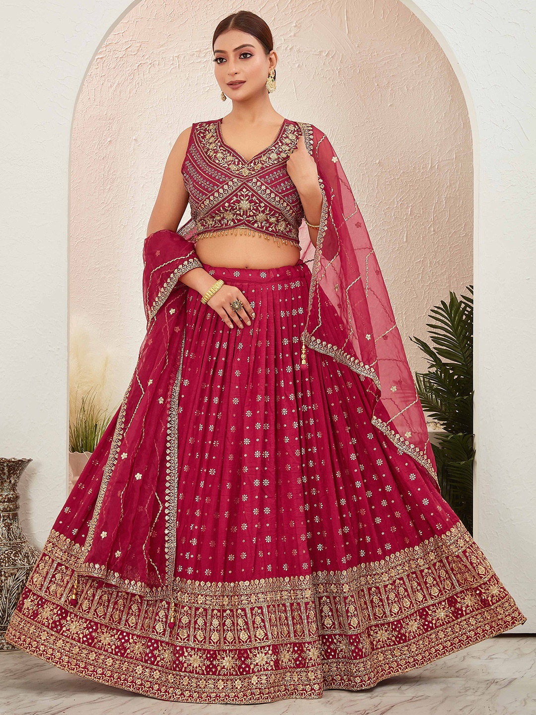 

CHANSI Embroidered Ready to Wear Lehenga & Blouse With Dupatta, Maroon