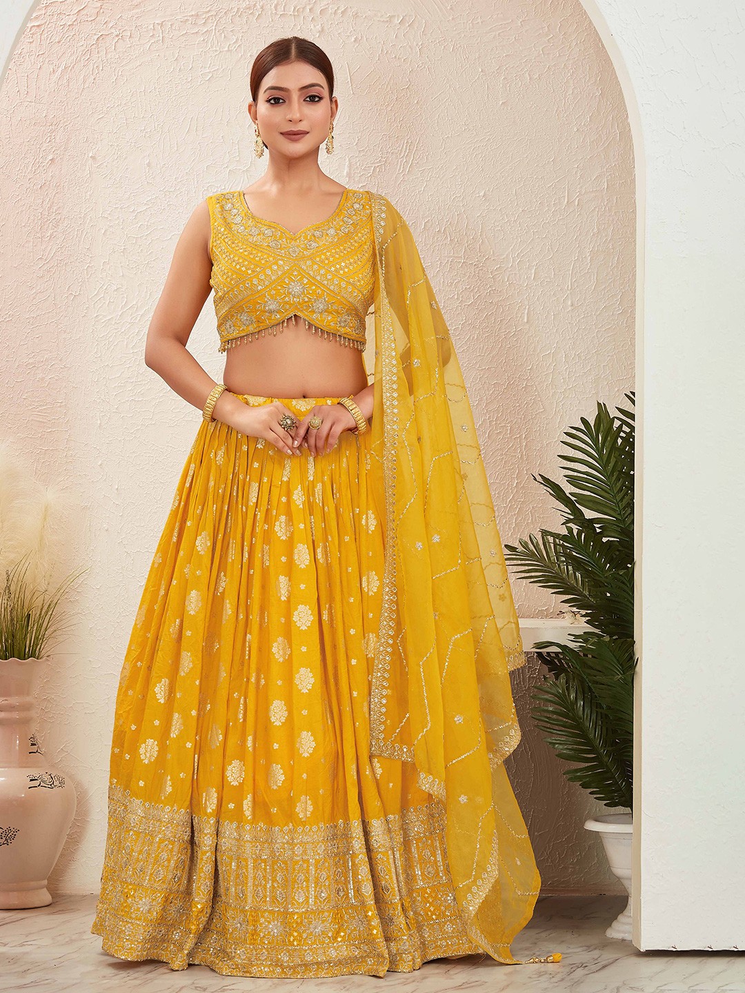 

CHANSI Embroidered Sleeveless Ready to Wear Lehenga & Blouse With Dupatta, Yellow