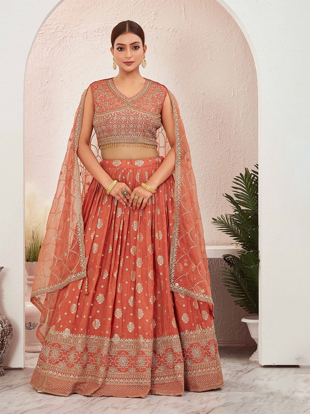 

CHANSI Embroidered Ready To Wear Lehenga & Blouse With Dupatta, Rust