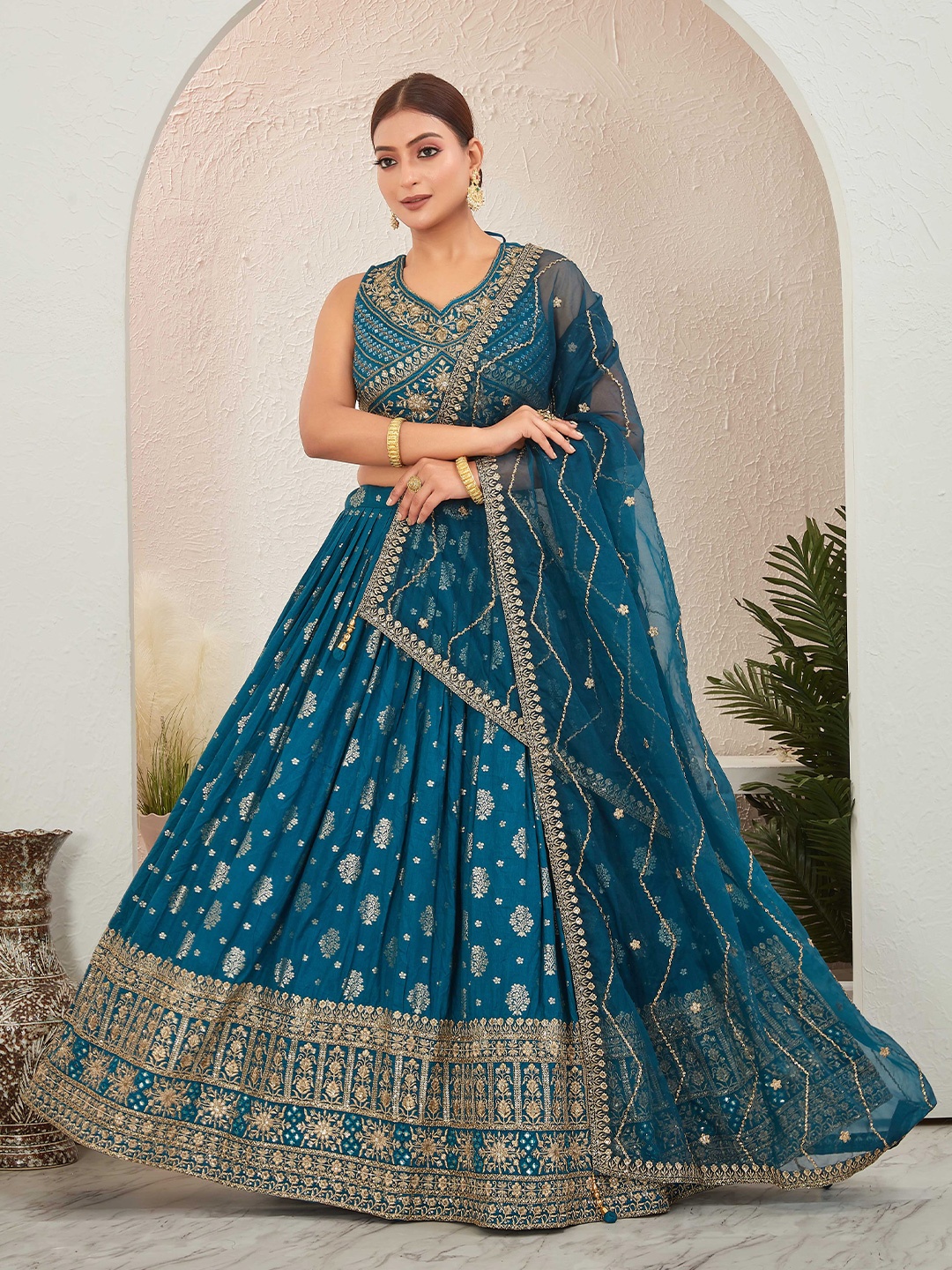 

CHANSI Embroidered Thread Work Ready to Wear Lehenga & Blouse With Dupatta, Blue