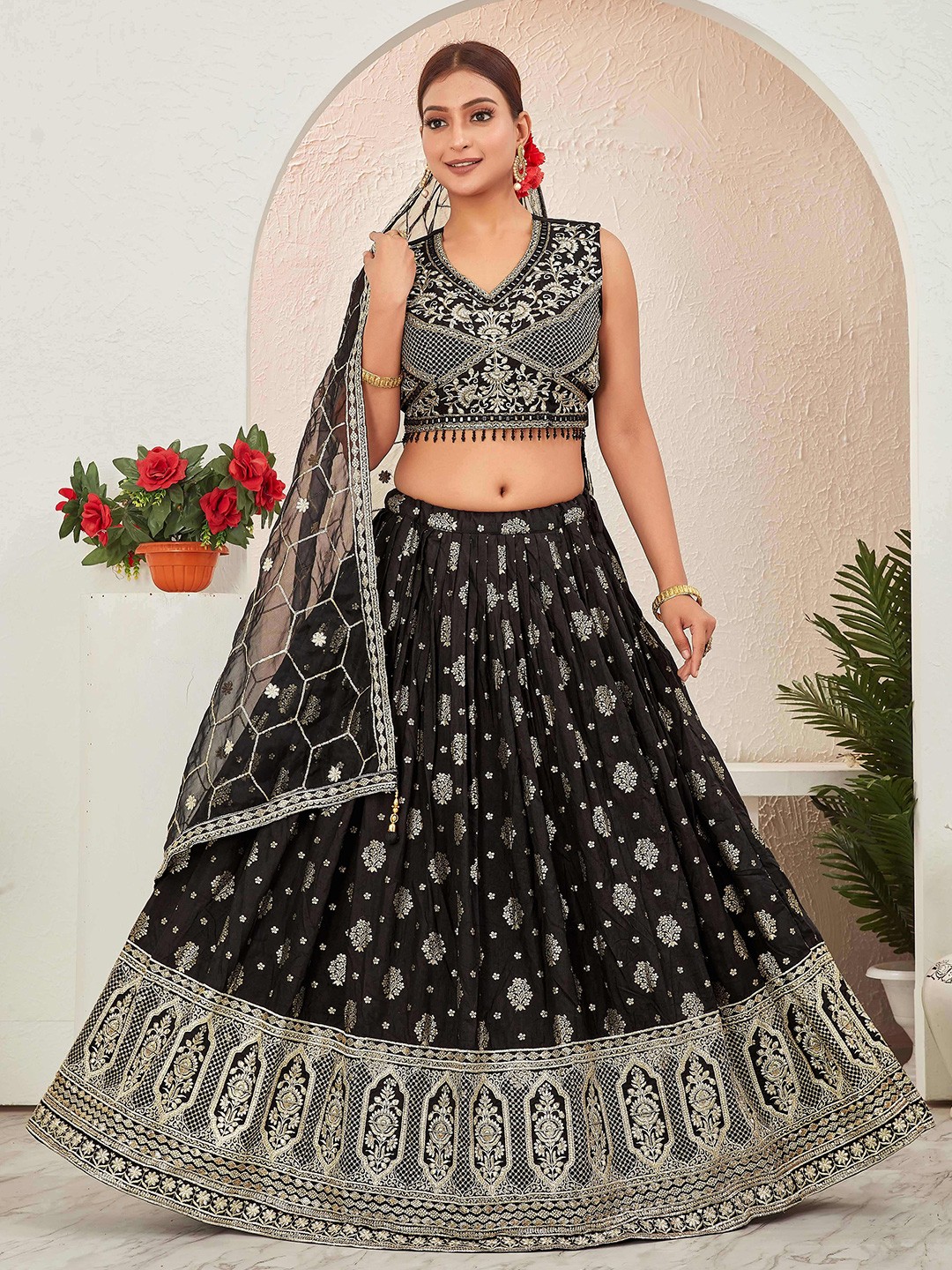 

CHANSI Embroidered Ready To Wear Lehenga & Blouse With Dupatta, Black