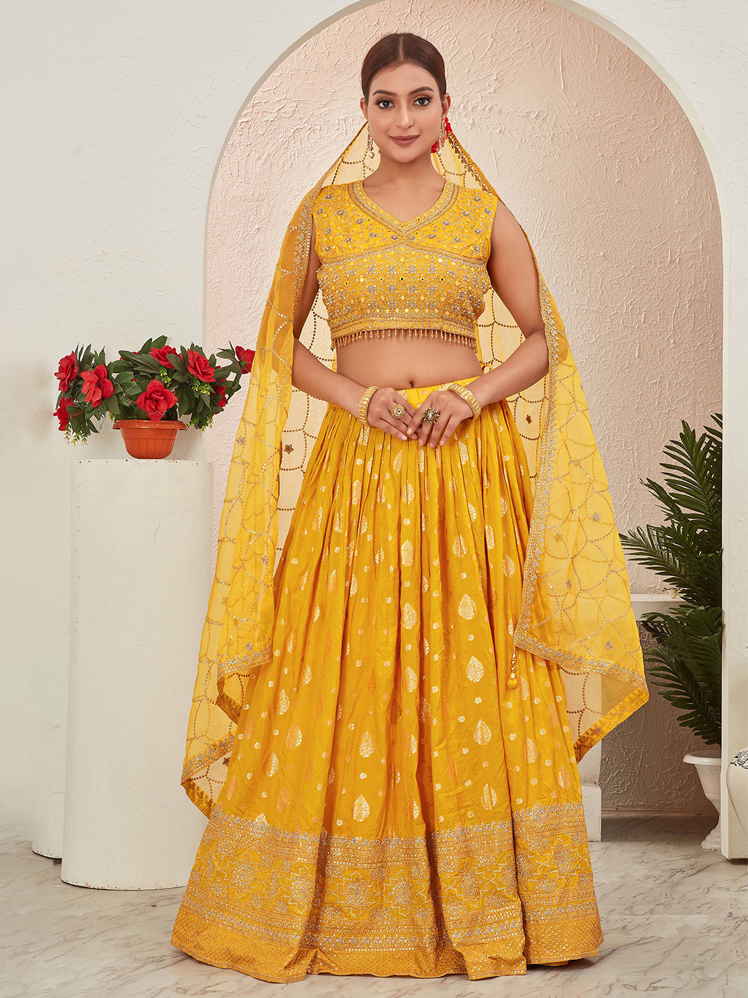 

CHANSI Embroidered Sleeveless Ready to Wear Lehenga & Blouse With Dupatta, Yellow