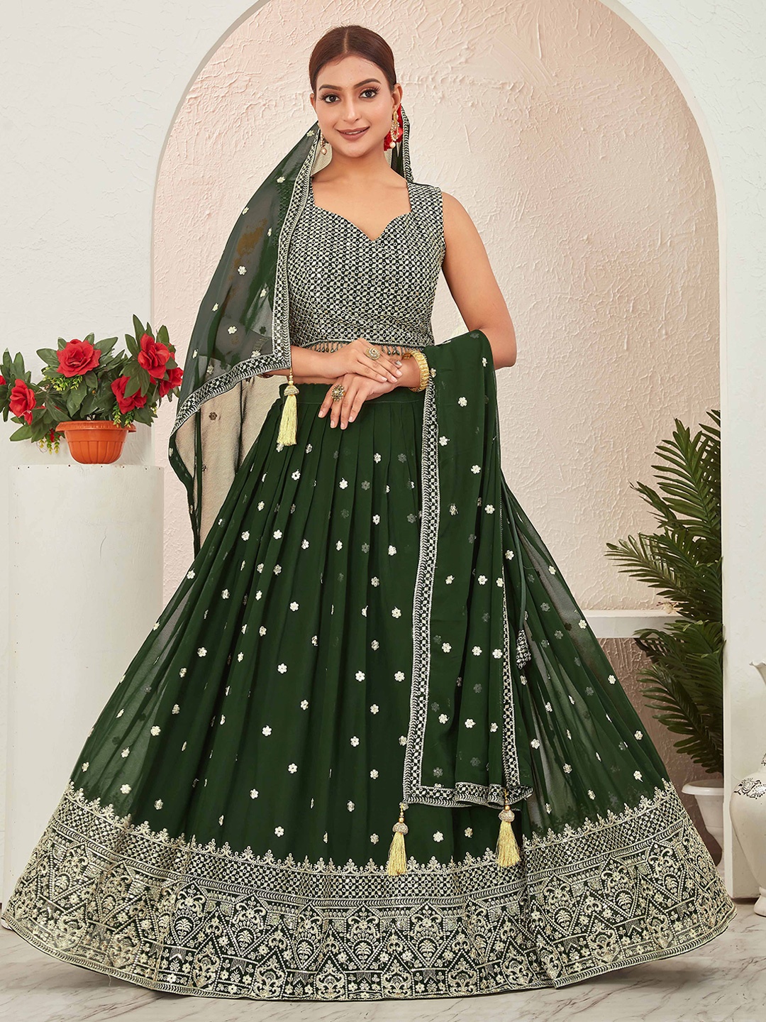 

CHANSI Embroidered Sleeveless Ready to Wear Lehenga & Blouse With Dupatta, Green