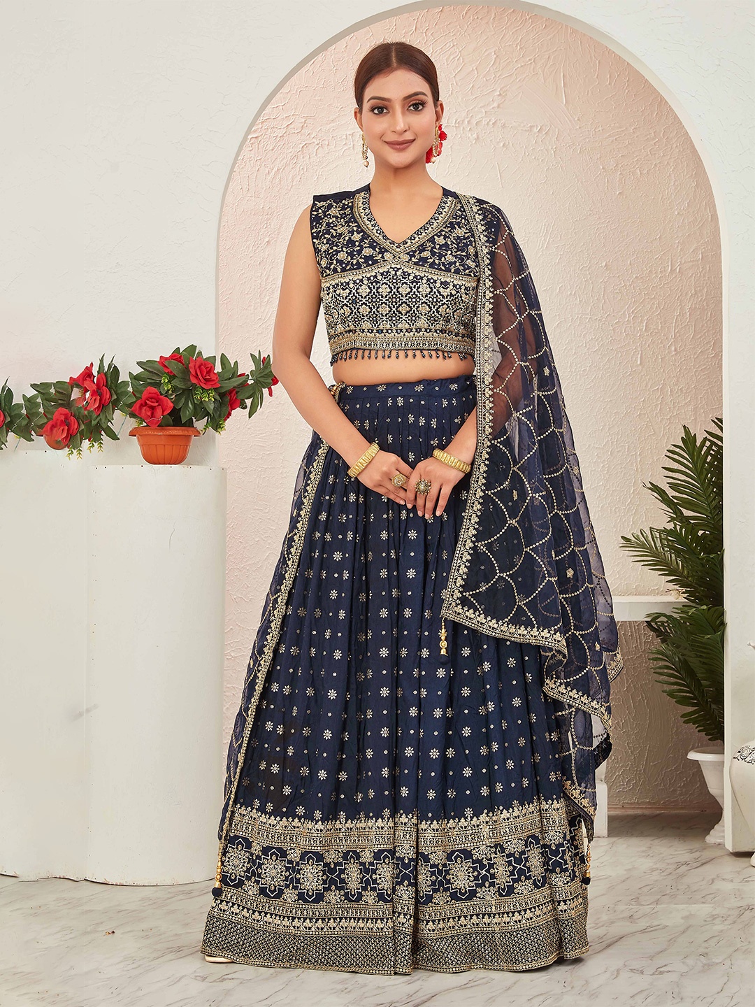 

CHANSI Embroidered Ready To Wear Lehenga & Blouse With Dupatta, Navy blue