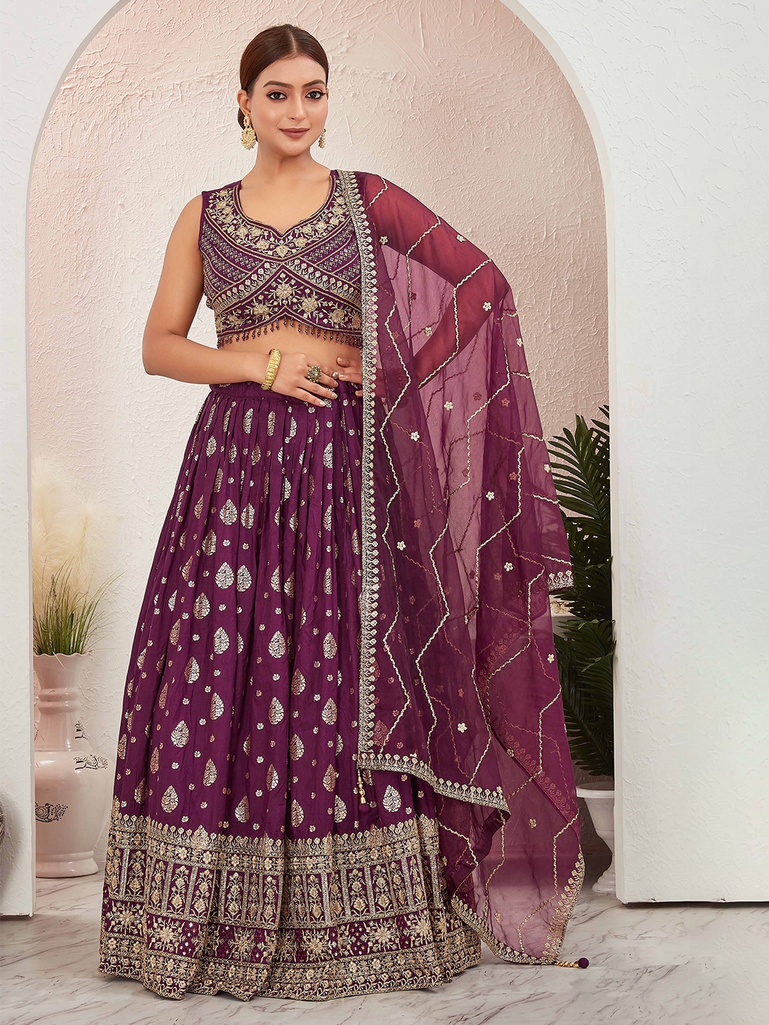 

CHANSI Embroidered Ready To Wear Lehenga & Blouse With Dupatta, Burgundy