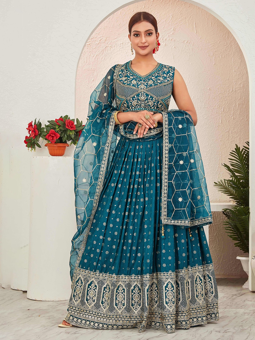

CHANSI Embroidered Sleeveless Thread Work Ready to Wear Lehenga & Blouse With Dupatta, Blue