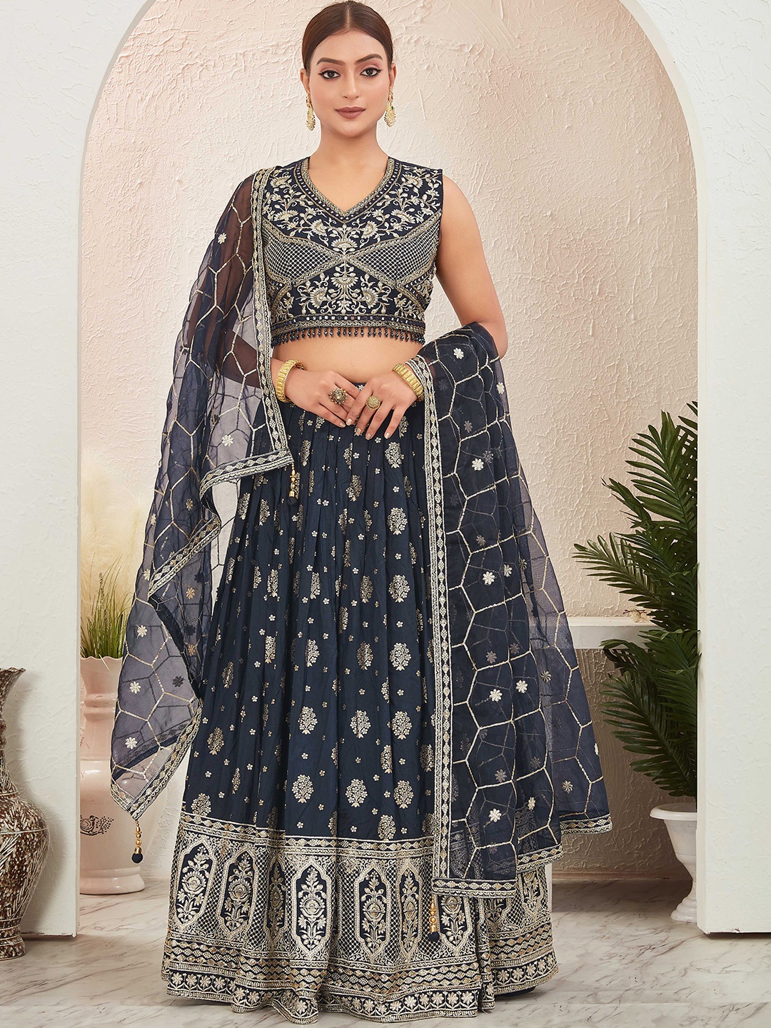 

CHANSI Embroidered Ready To Wear Lehenga & Blouse With Dupatta, Navy blue