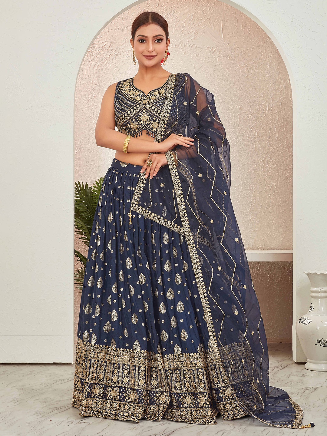 

CHANSI Embroidered Ready To Wear Lehenga & Blouse With Dupatta, Navy blue