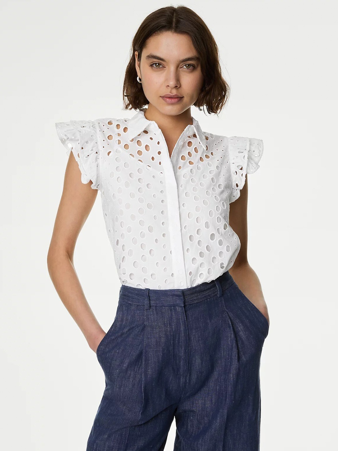 

Marks & Spencer Self Design Flutter Sleeves Pure Cotton Casual Shirt, White