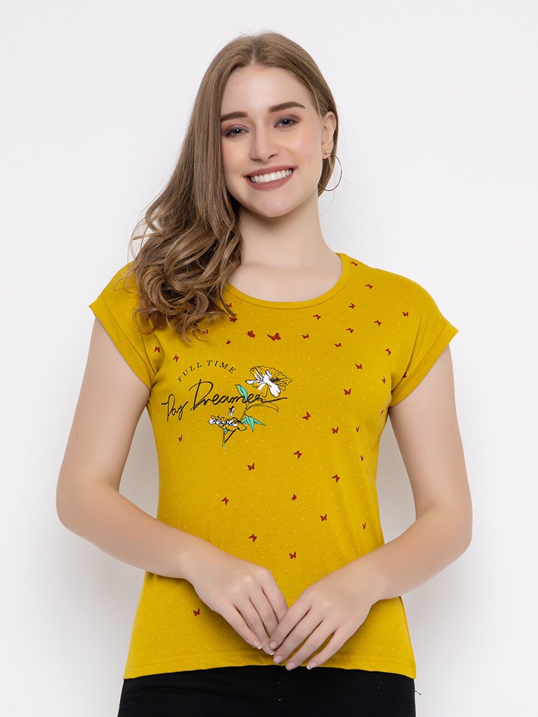 

Cheribell Typography Printed Cap Sleeves Cotton T-shirt, Yellow