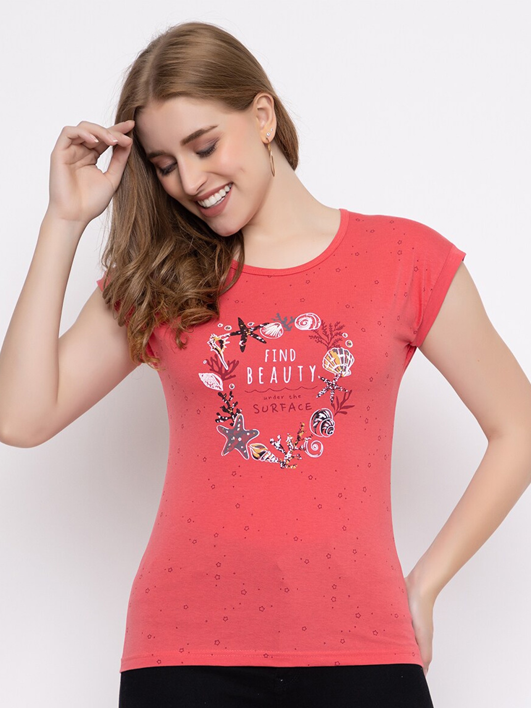 

Cheribell Typography Printed Cotton T-shirt, Peach