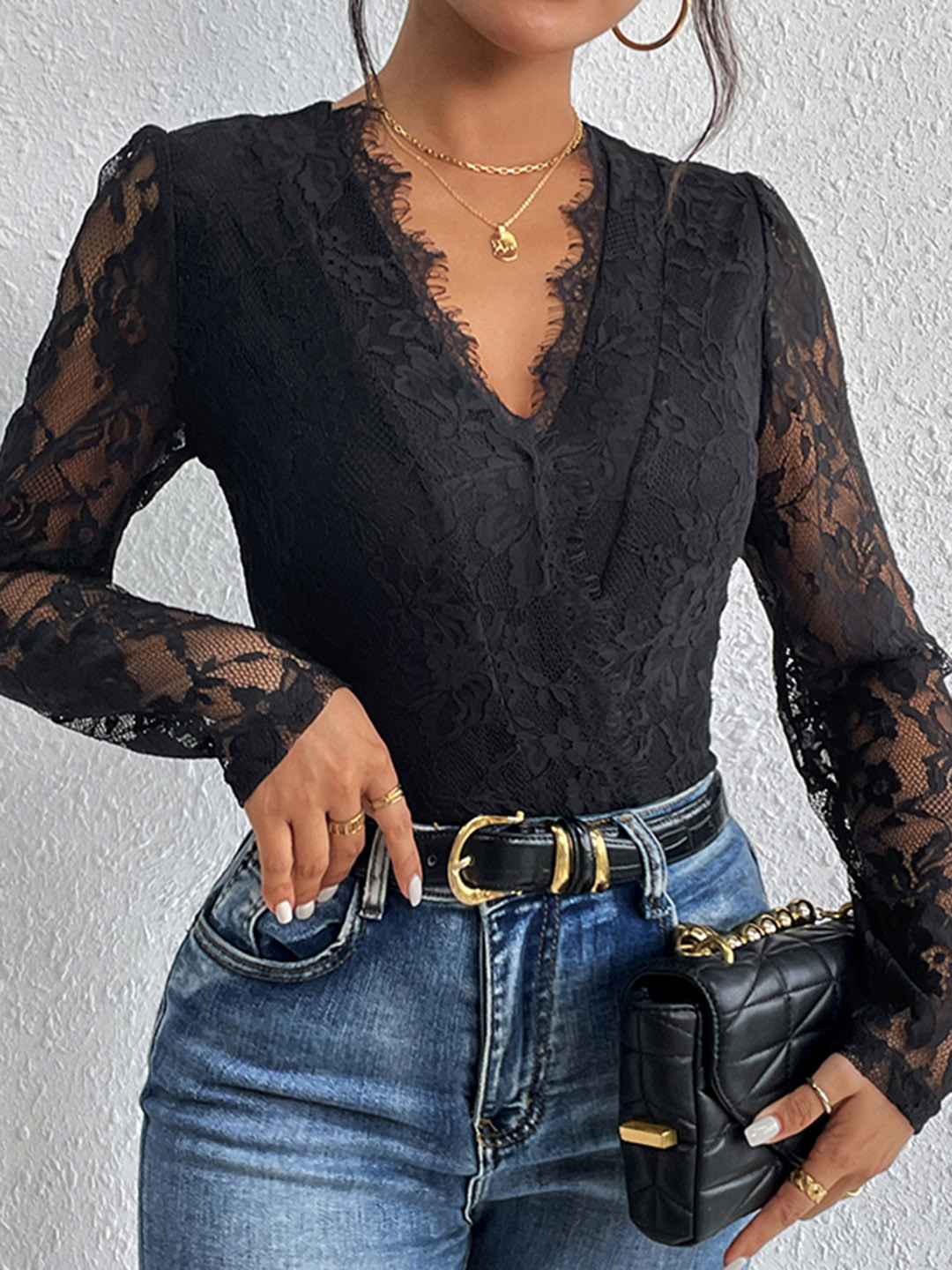 

all about you Self-Design V-Neck Bodysuit, Black