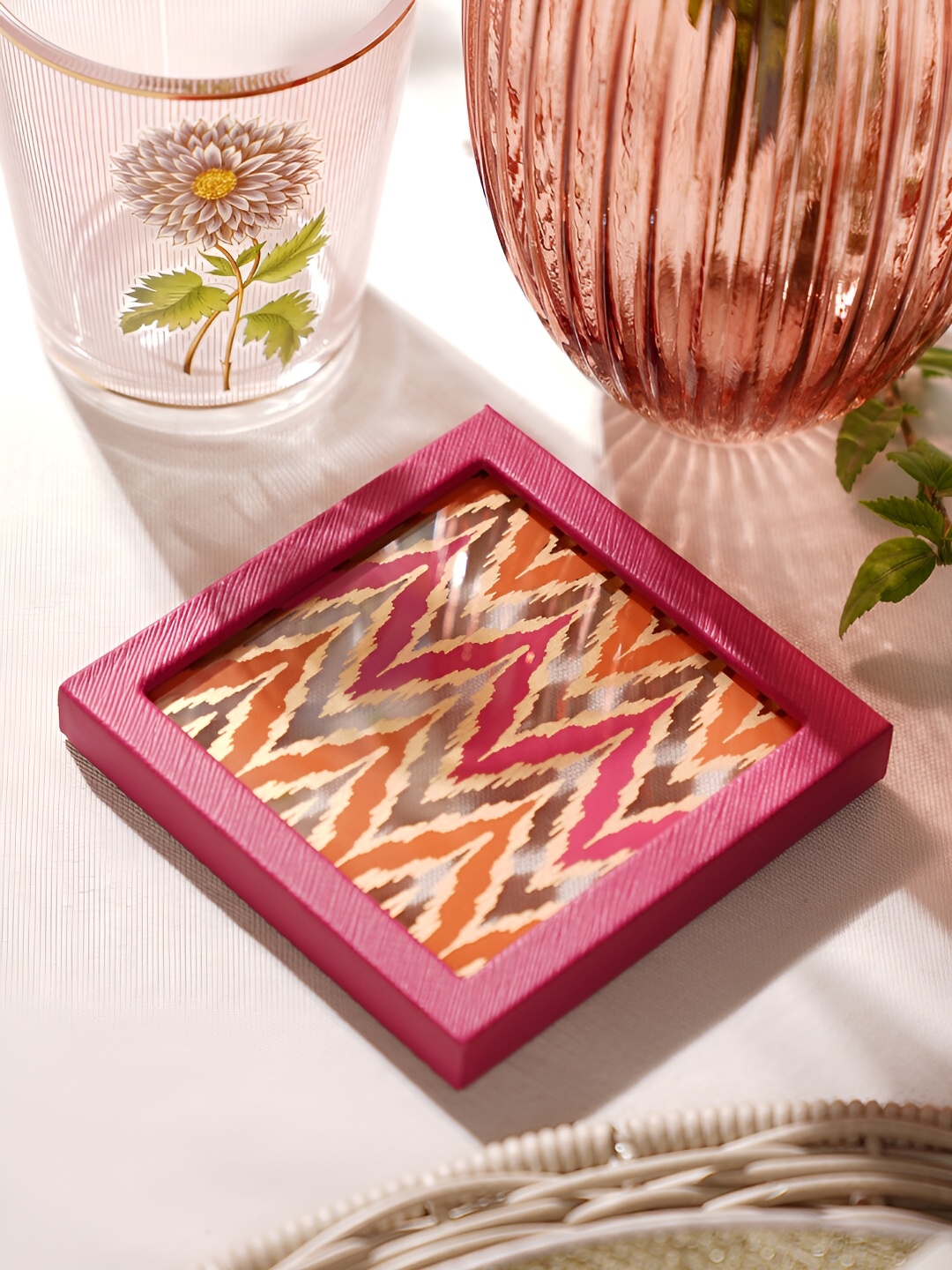 

Pure Home and Living Pink & Beige Chevron Printed Faux Leather Coaster