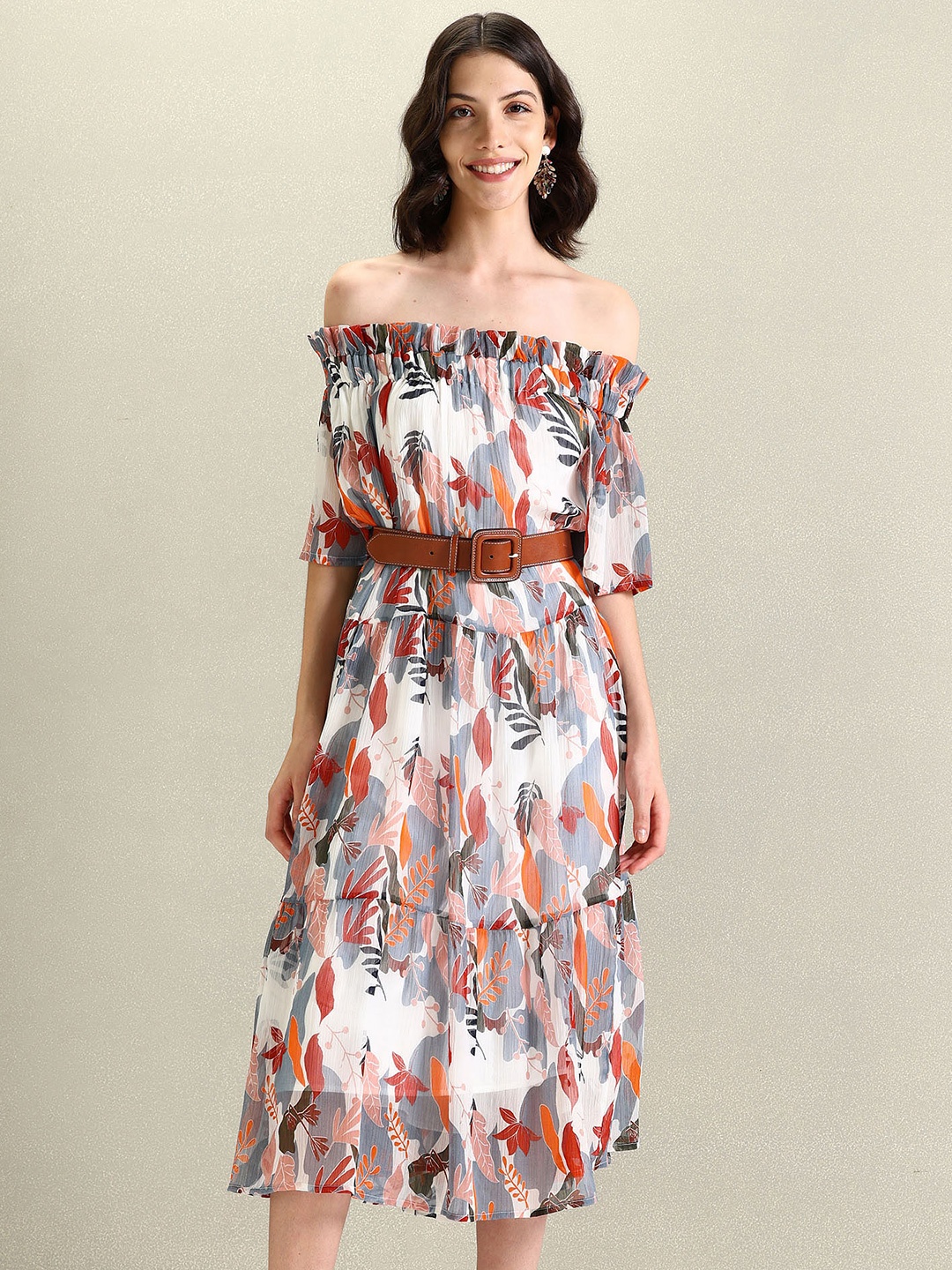 

U.S. Polo Assn. Women Printed Off-Shoulder Bell Sleeves A-Line Midi Dress, White